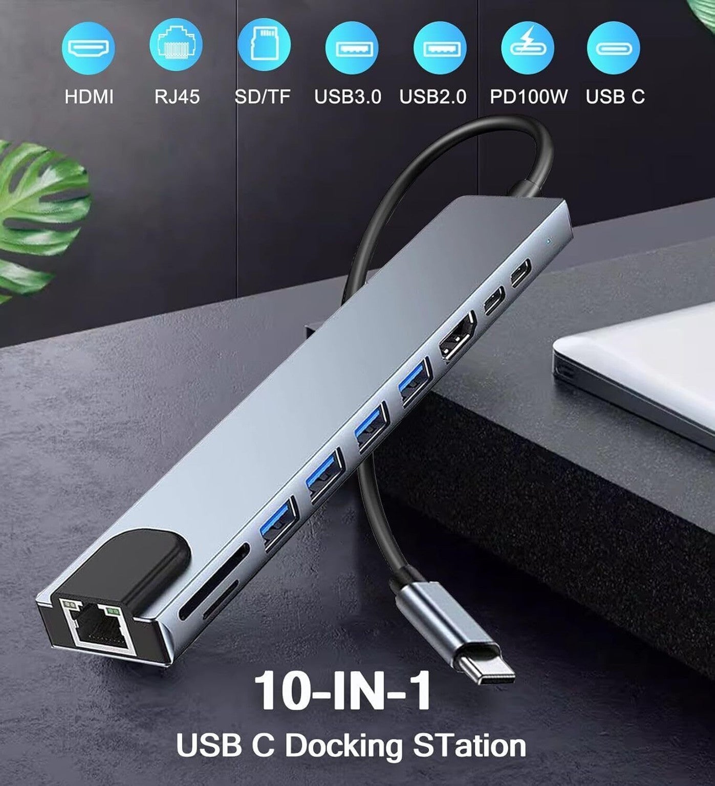 ABC 10 in 1 Type C USB HUB Docking Station 10-in-1 USB C Hub with 4K HDMI, RJ45 Ethernet , 100W PD , 2 USB-C, 4 USB 3.0, SD/TF