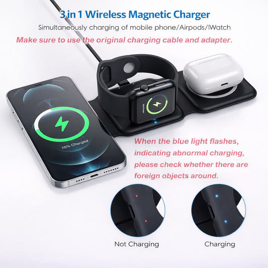 Amere 3 in 1 Folding Magnetic Wireless Charger 15W - Built-in Powerful Magnet Charging Pad