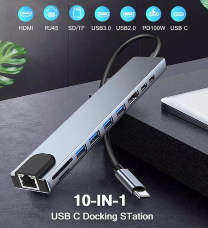 ABC 10 in 1 Type C USB HUB Docking Station 10-in-1 USB C Hub with 4K HDMI, RJ45 Ethernet , 100W PD , 2 USB-C, 4 USB 3.0, SD/TF