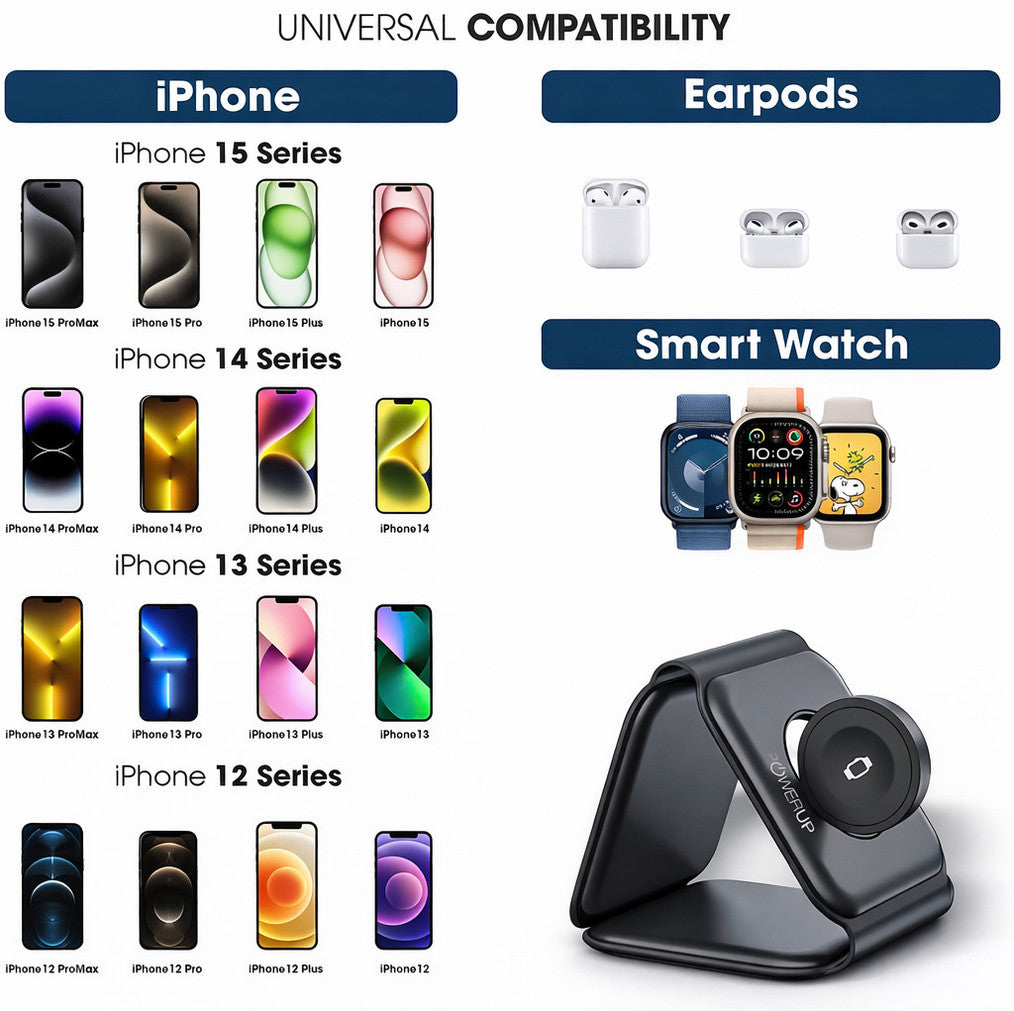 byte 3 in 1 Folding Magnetic Wireless Charger 15W - Built-in Powerful Magnet Charging Pad