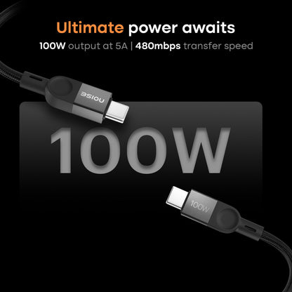 Noise Type C 1 m CB103 (Compatible with Type C Cable for iPhones 15 and Above, All Type C Androids Mobiles, Macbook, Infinite Black, One Cable, USB Type C To USB Type C, 100 W)