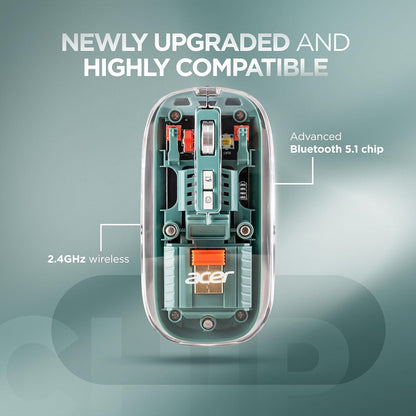 Acer Clearview Transparent Mouse with Triple-Mode Connectivity Ergonomic Optical Mouse With Bluetooth (2.4GHz Wireless, Green)