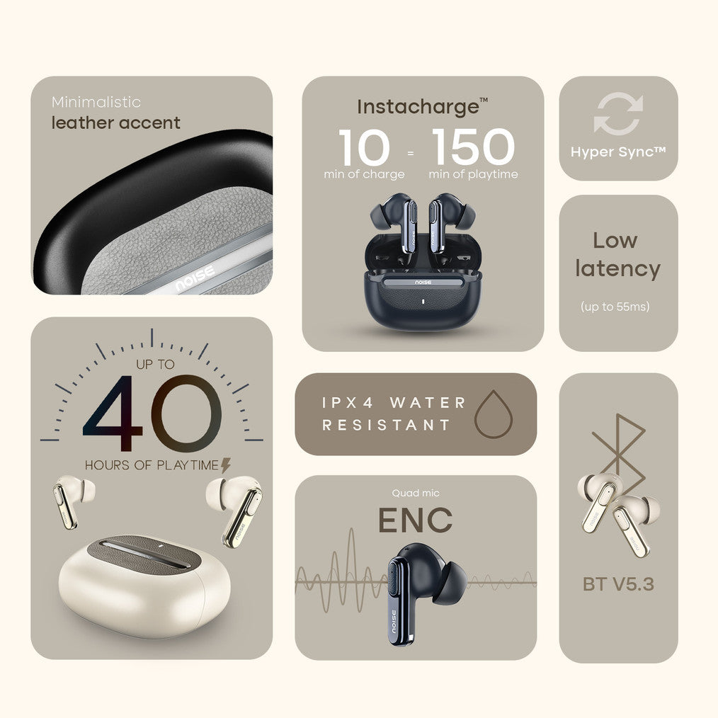 Noise Buds UNO, 40Hrs Playtime, Quad Mic with ENC, Premium Leather Accent, Dual Pair Bluetooth Headset