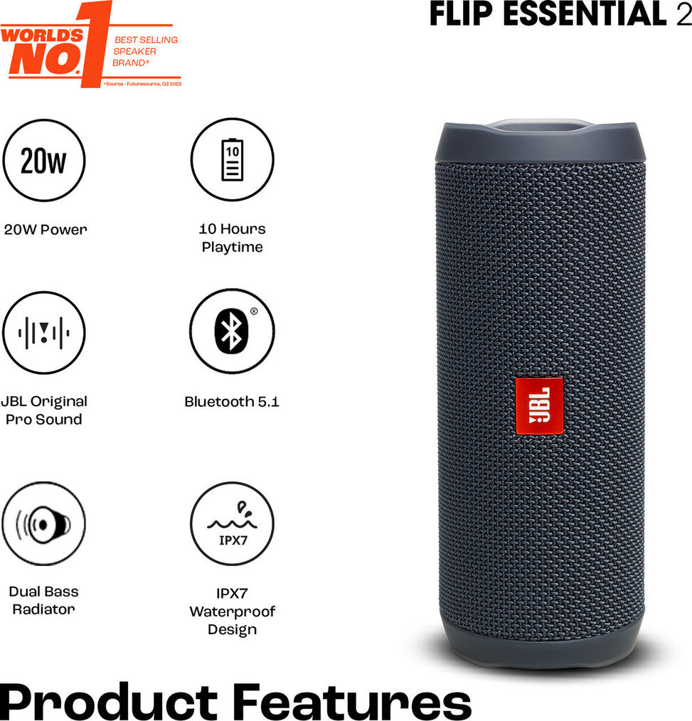 JBL Flip Essential 2, Deep Bass, 10Hrs Playtime, IPX7 Waterproof, Portable 20 W Bluetooth Speaker