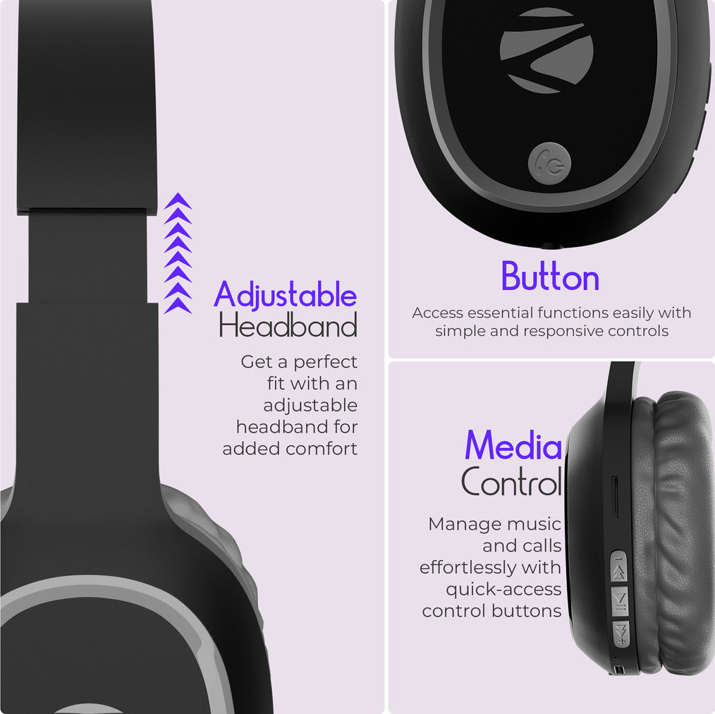 ZEBRONICS Zeb-Thunder, True 60Hr Backup, BT v6.0, Gaming Mode, ENC, AUX, mSD, Dual Pairing Bluetooth Headset