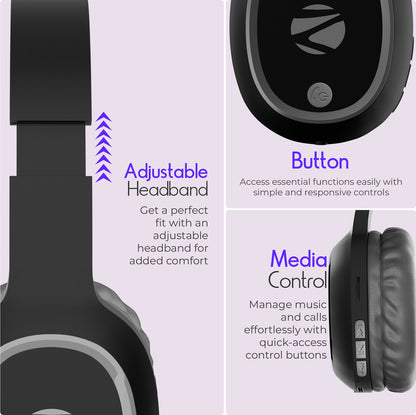 ZEBRONICS Zeb-Thunder, True 60Hr Backup, BT v6.0, Gaming Mode, ENC, AUX, mSD, Dual Pairing Bluetooth Headset