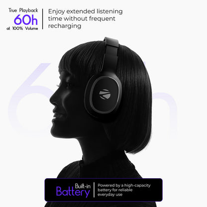 ZEBRONICS Zeb-Thunder, True 60Hr Backup, BT v6.0, Gaming Mode, ENC, AUX, mSD, Dual Pairing Bluetooth Headset