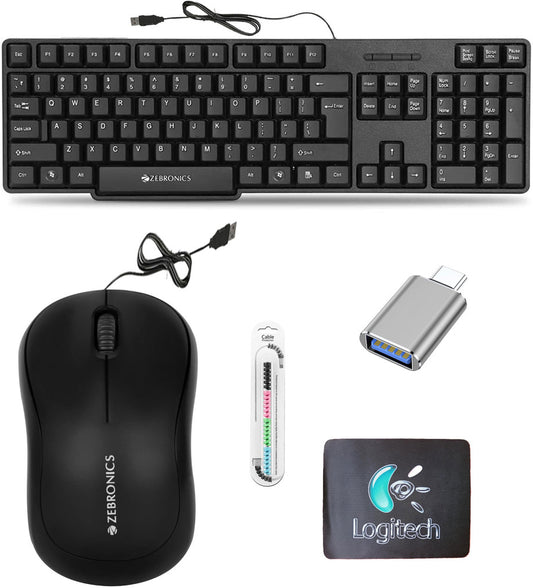 ZEBRONICS Wired Keyboard, Mouse, MousePad, C-OTG, Cable Protector (Set of 5) Combo Set