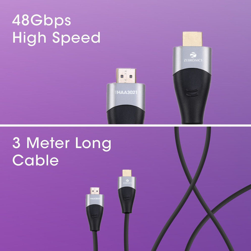 ZEBRONICS HDMI Cable 2 m ZEB-HAA2021 HDMI version 2.1 cable with 8K @ 60Hz, 4K @ 120Hz, eARC & CEC support, 3D compatible, 2 meters length, 48Gbps max